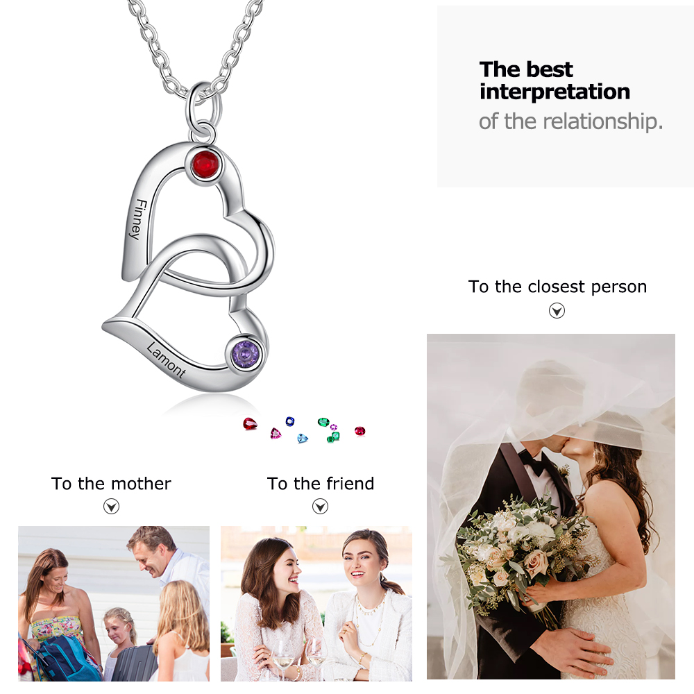 Personalisierte herzförmige Halskette, geschnitzt mit 2 Namen und 2 Geburtstagssteinen