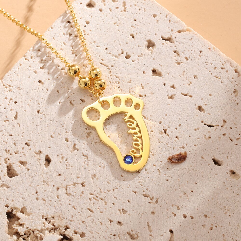 Baby Füße Name Halskette Hohlfüße Gravur 1 Name mit Geburtsstein