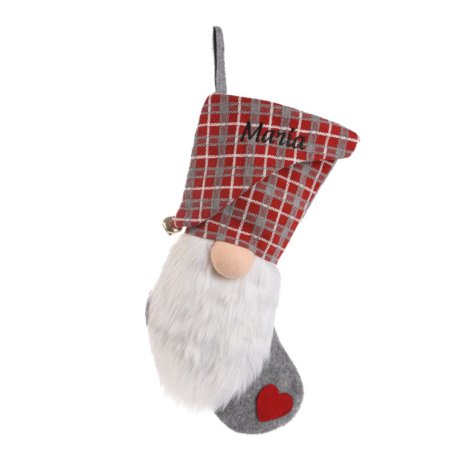 Personalisierbarer Rot und Grau Karo Wichtel-Weihnachtsstrumpf Herz