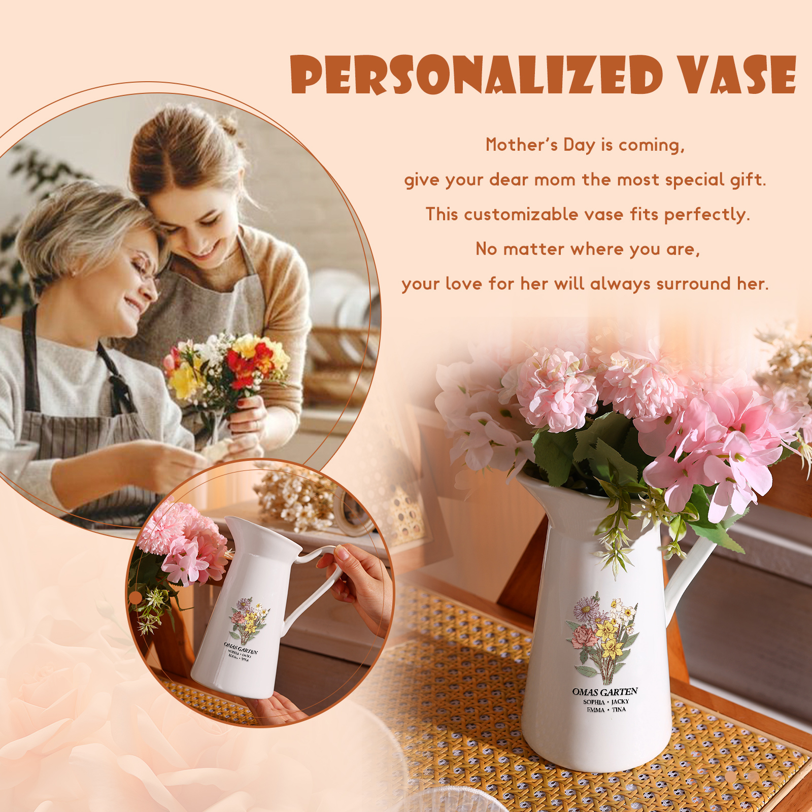 Personalisierte 4 Namen & Geburtsblumen & Text Gießvase mit Henkel Familie Vase