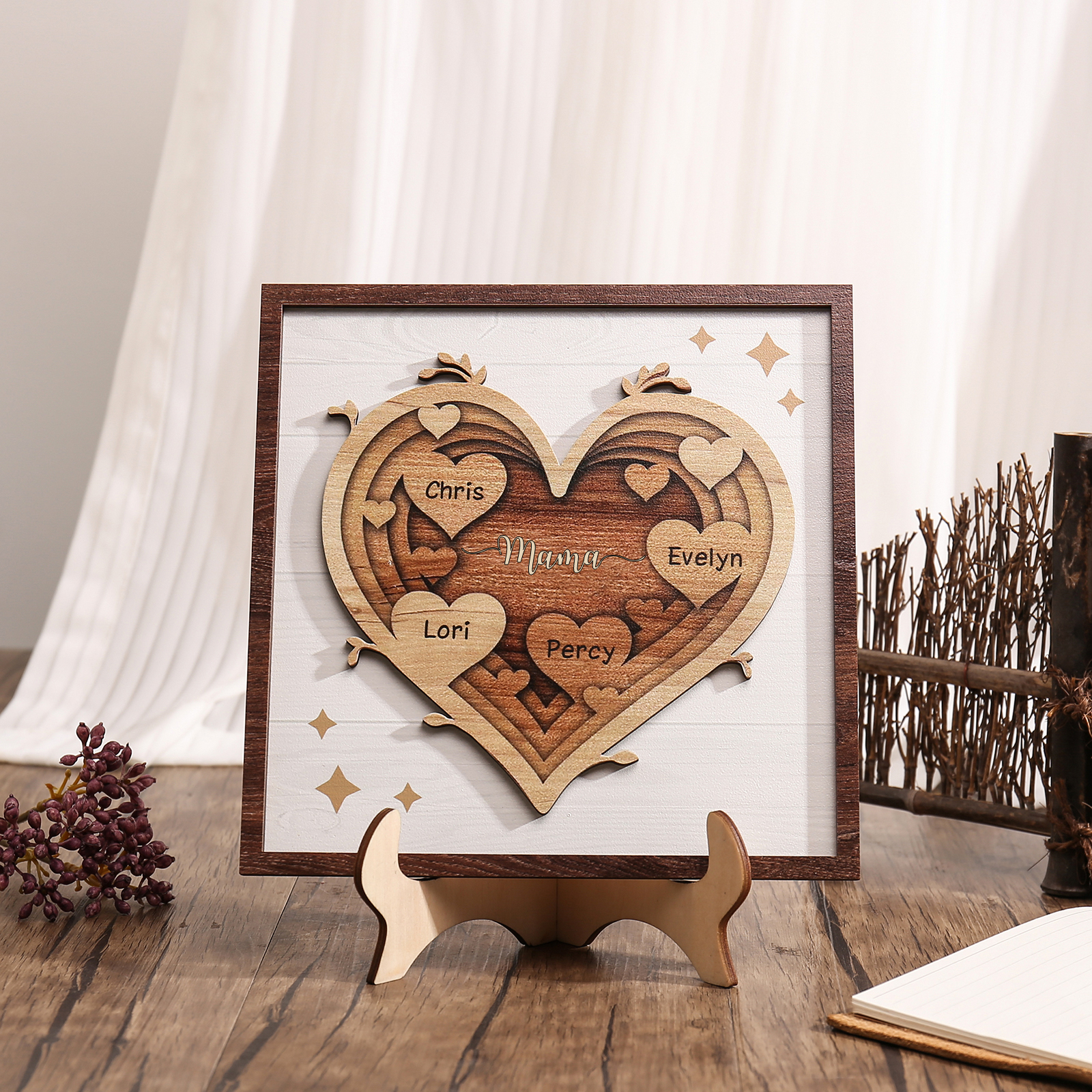 Holz Deko-Personalisierbare 4 Namen Ornament Mama Herz Holzdekoration für Mutter