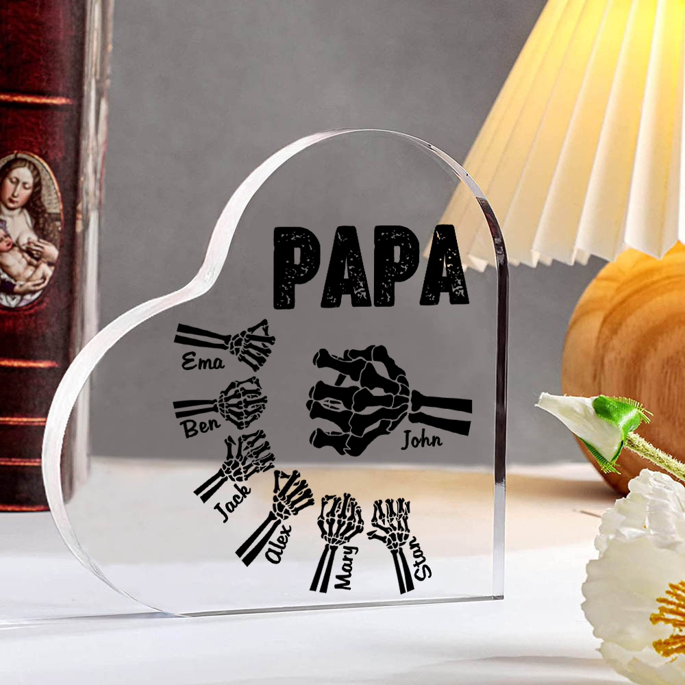 Personalisierte 7 Namen Acryl-Deko Papa Skelett Hand Schreibtischdekoration für Vater