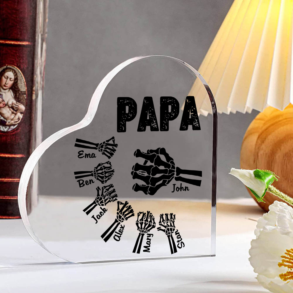 Personalisierte 7 Namen Acryl-Deko Papa Skelett Hand Schreibtischdekoration für Vater