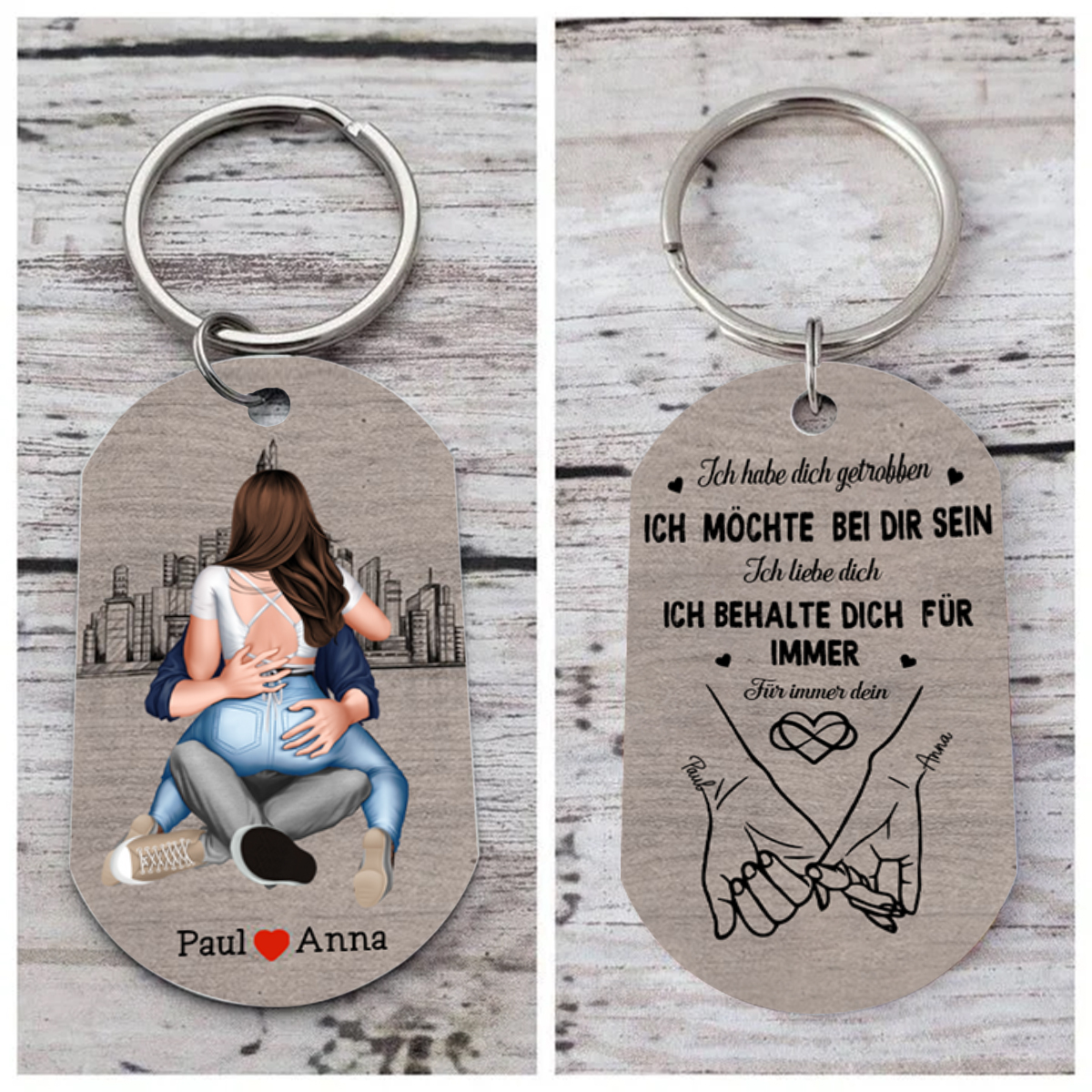 Personalisierter Schlüsselanhänger 'Kuschelndes Paar' - Ich bleibe für immer dein.