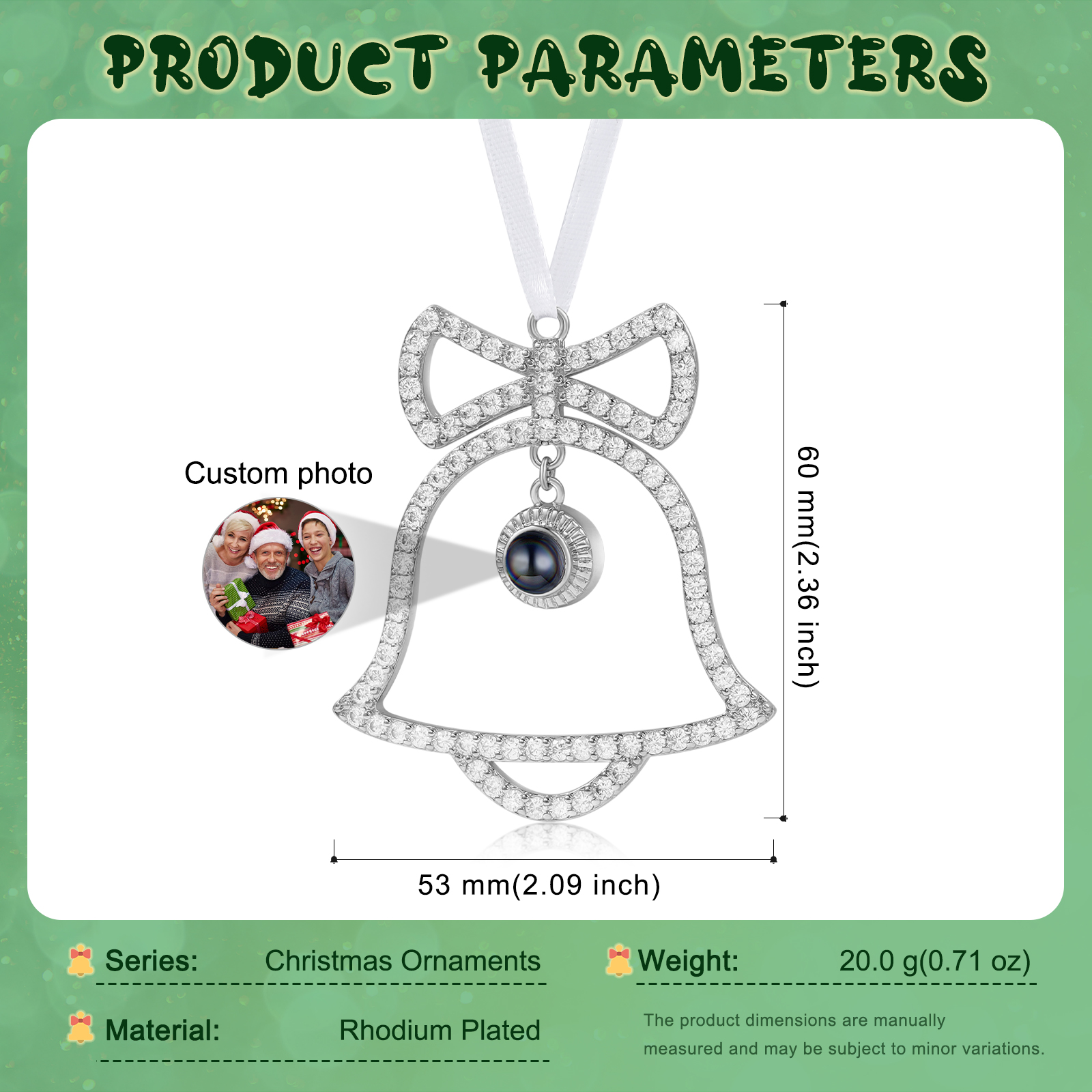 Personalisierter Glockenornament mit Schleife & Fotoprojektion zu Weihnachten, Christbaumanhänger, Weihnachtsanhänger