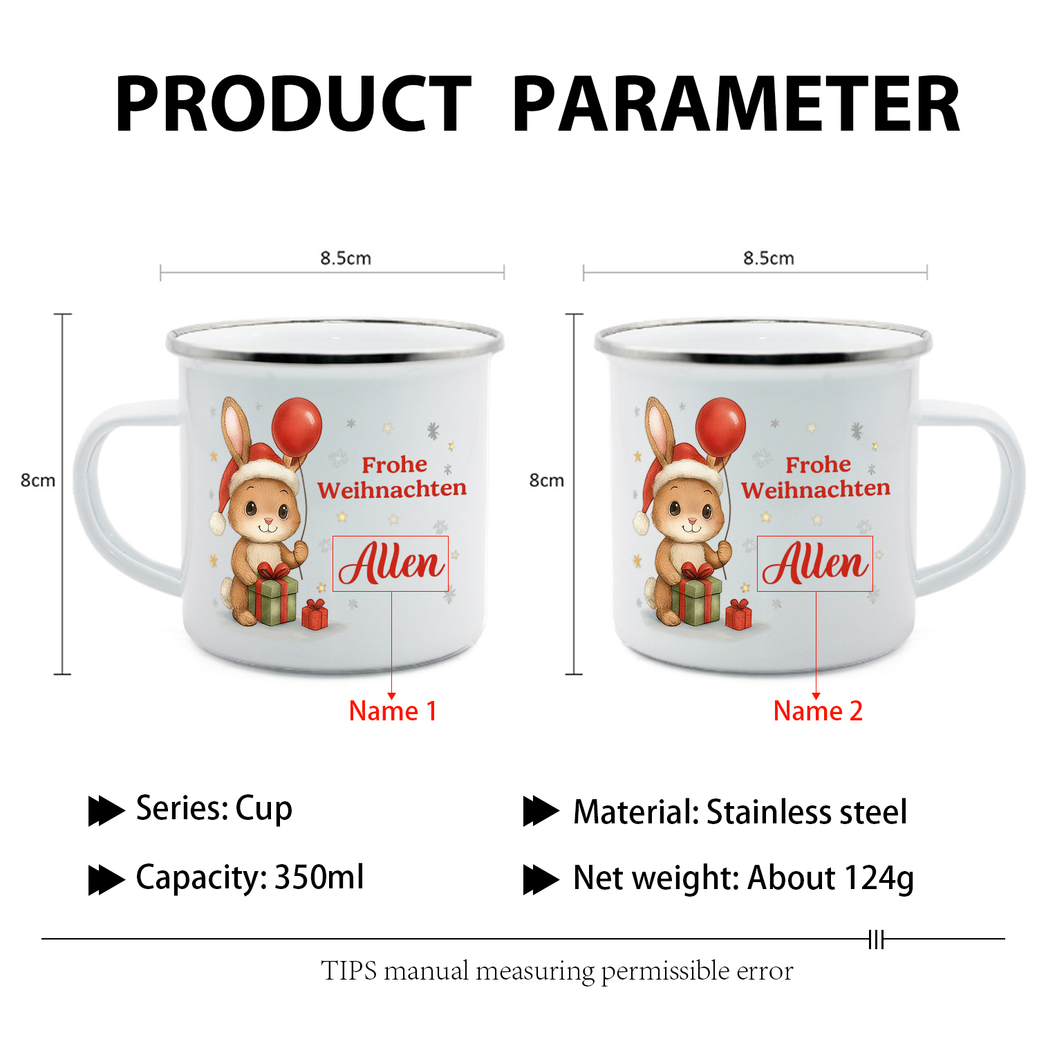 Personalisiert Weihnachts-Emailletasse, Tiermotiv — “Frohe Weihnachten”