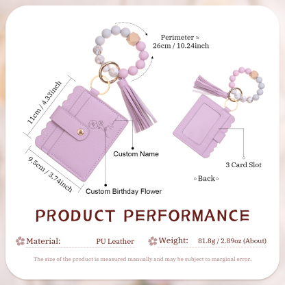 Personalisierte Leder- Kartenetui mit Name & Geburtsblume und Perlen-Handschlaufe, individuelles Geschenk für Frauen