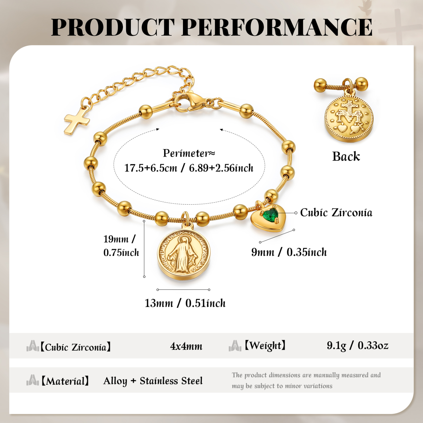 Personalisiertes Goldarmband mit Jungfrau Maria, Geburtsstein und Kreuz