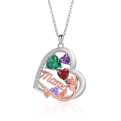 Personalisierte Rosen-Halskette mit Herz und Geburtsstein für Mama