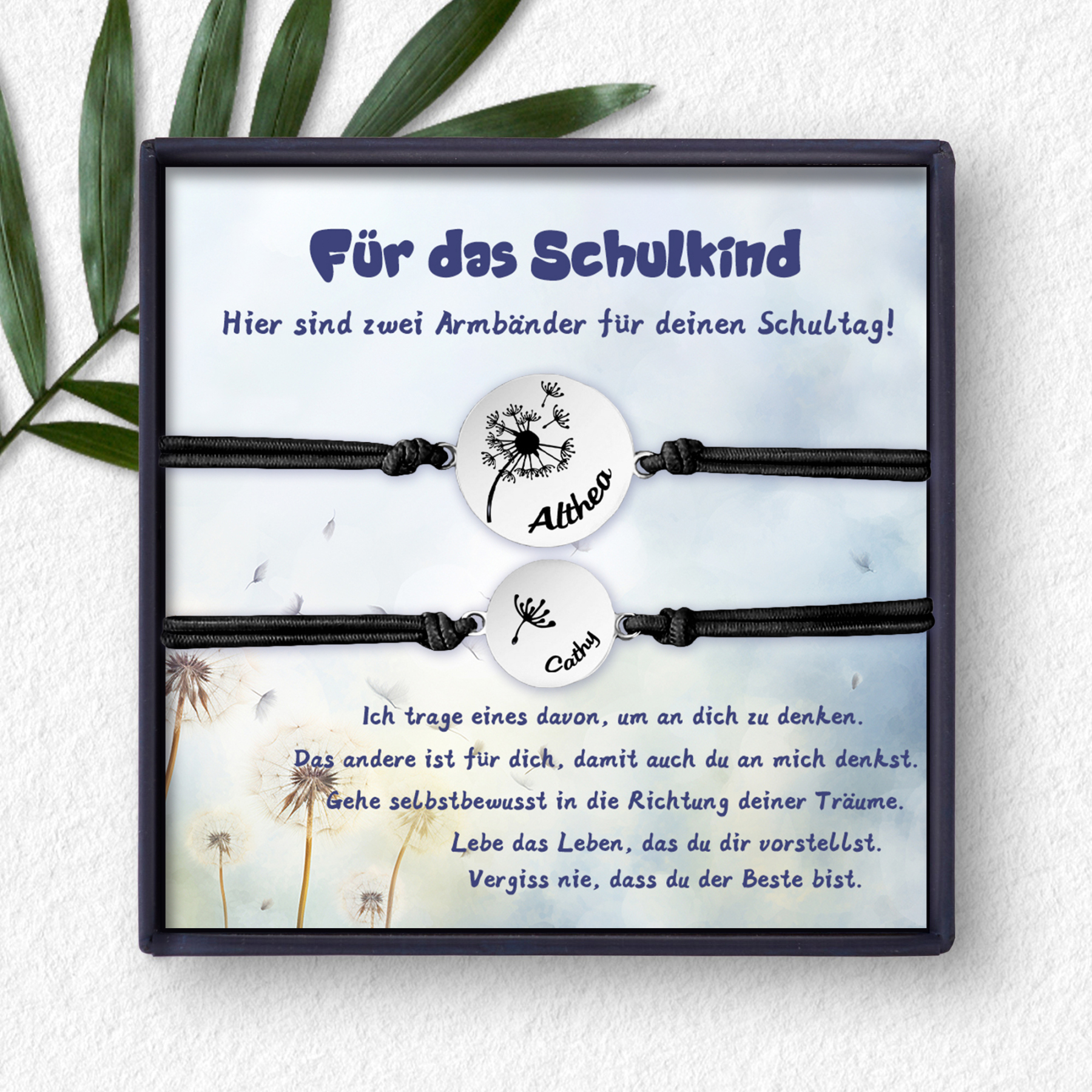 Personalisierte 2 Namen Löwenzahn Armbänder Set mit 2 Ketten Gummiband -Für das Schulkind Gehe selbstbewusst in die Richtung deiner Träume- Schulanfang Geschenk