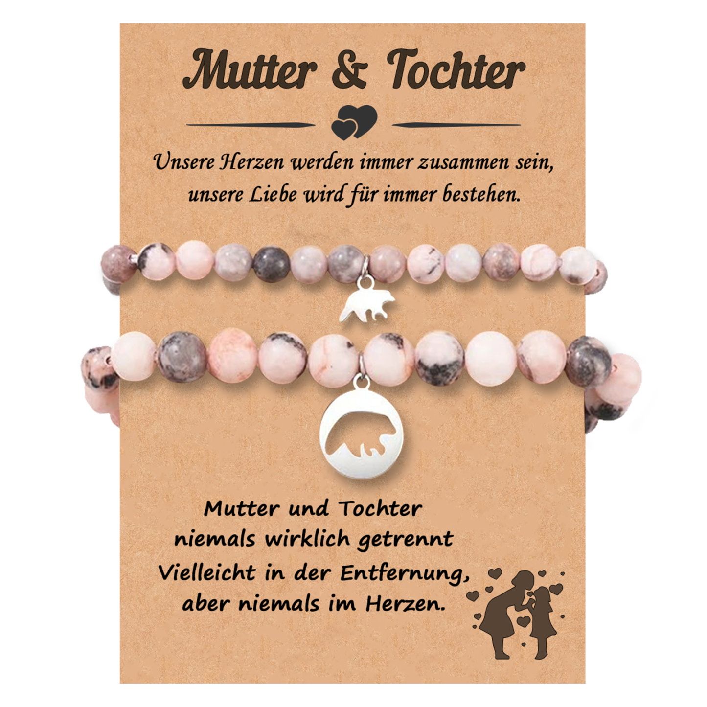 Bär Steinperle Armbänder Set-Mutter & Tochter niemals wirklich getrennt-Geschenk mit Nachrichtenkarte