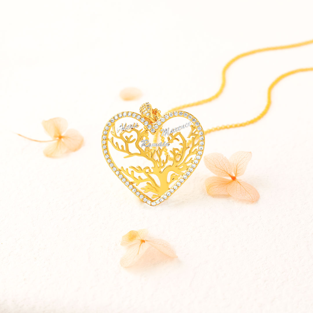 Personalisierte Lebensbaum-Herz-Halskette mit 1–6 Namen