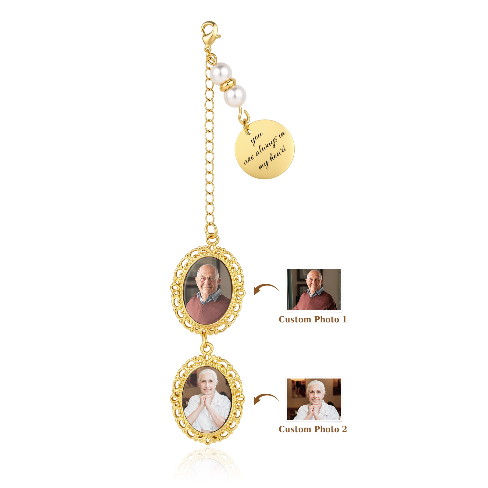 Personalisierter Fotoanhänger für den Brautstrauß mit Gravur, Geschenk für die Braut