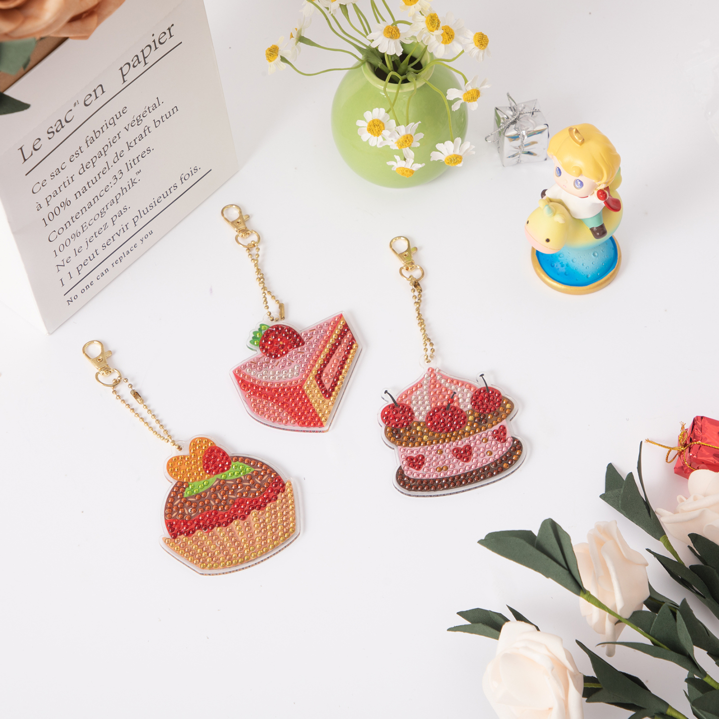 3 Stück Kuchen 5D Diamant-Malerei-Anhänger Ornament Handgefertigtes Dekor-Geschenk Mosaik-Aufkleber Kunsthandwerk