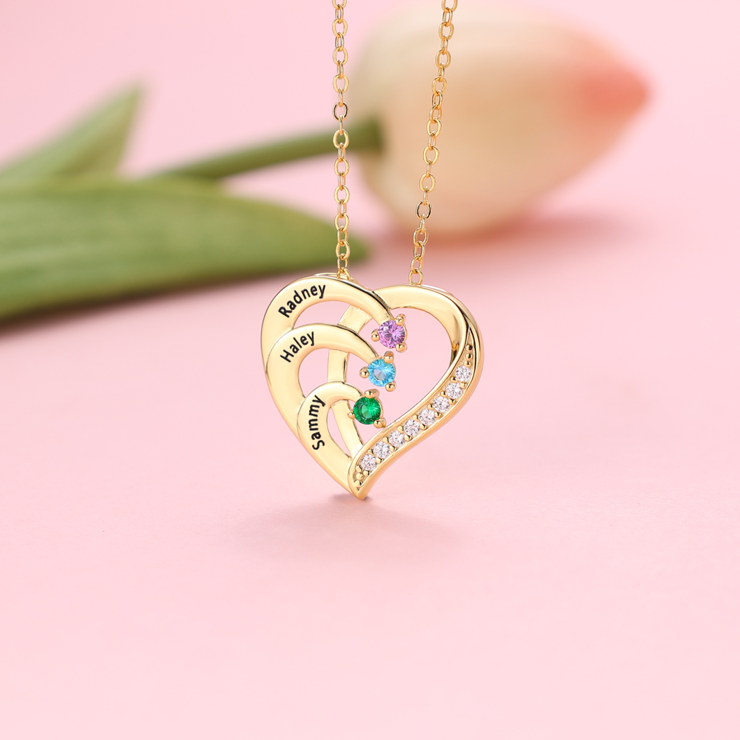 925 Sterling Silber Personalisierte 3 Namen Herz Halskette mit 3 Geburtssteinen