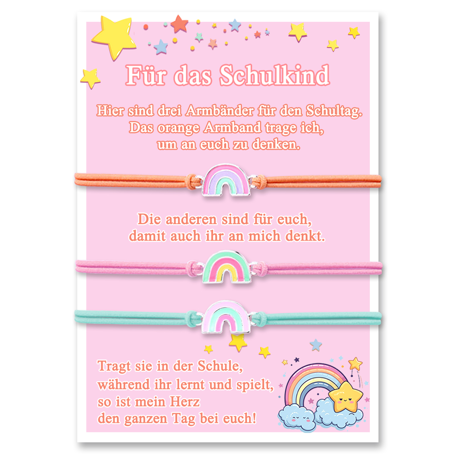 Regenbogen Gummiband Armbänder Set mit 3 Ketten-Für das Schulkind Mein Herz ist ganzen Tag bei euch-Schulanfang Geschenk mit Nachrichtenkarte