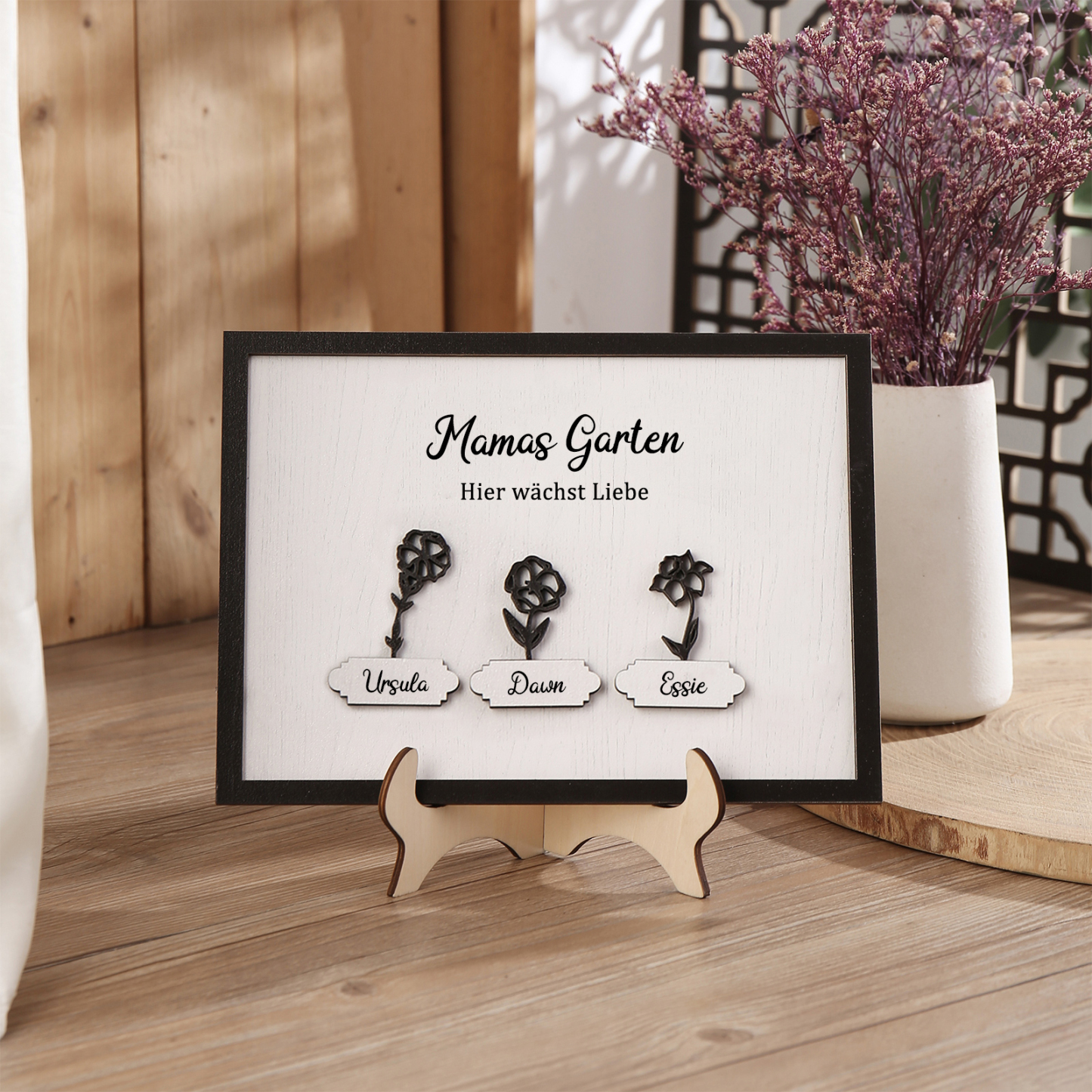 Holz Deko-Personalisierbarer Text & 3 Namen & Geburtsblumen Ornament Mamas Garten Holzdekoration für Mutter