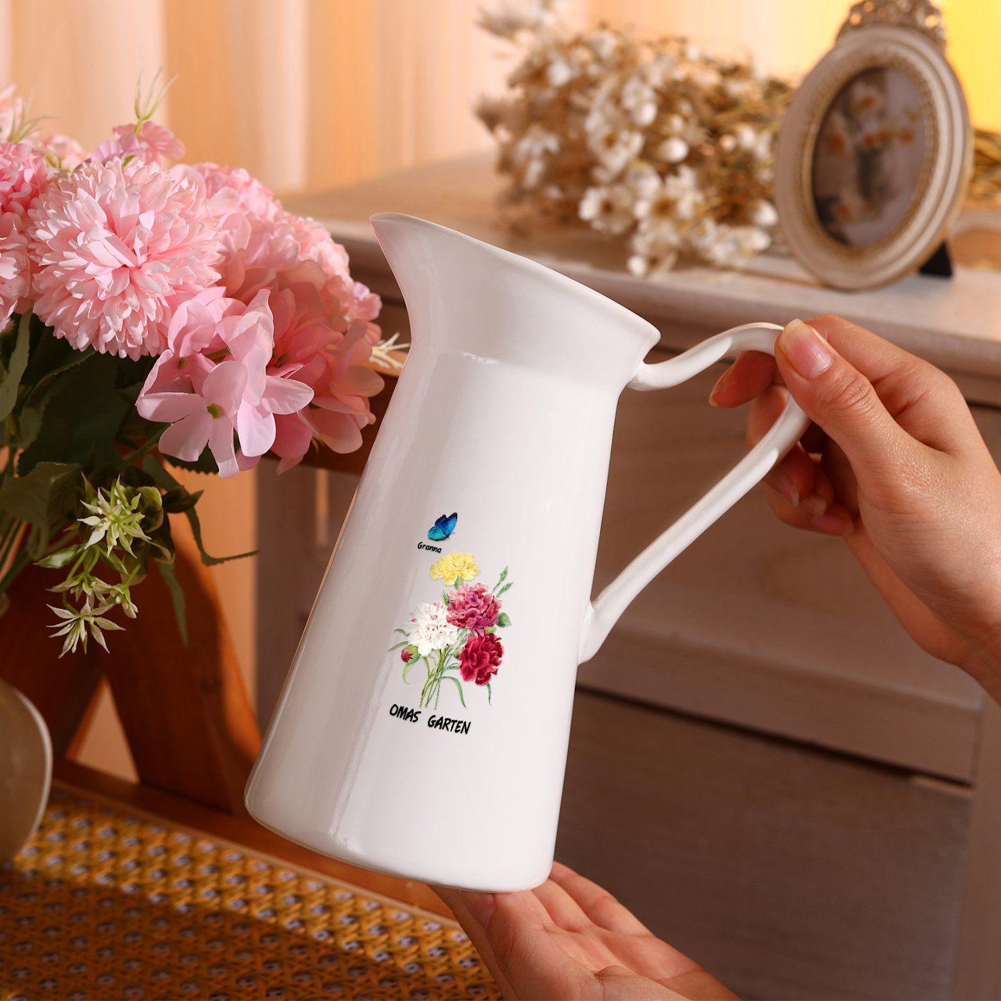 Personalisiertet 1 Name & Text Blumen & Schmetterling Gießvase mit Henkel Familie Vase