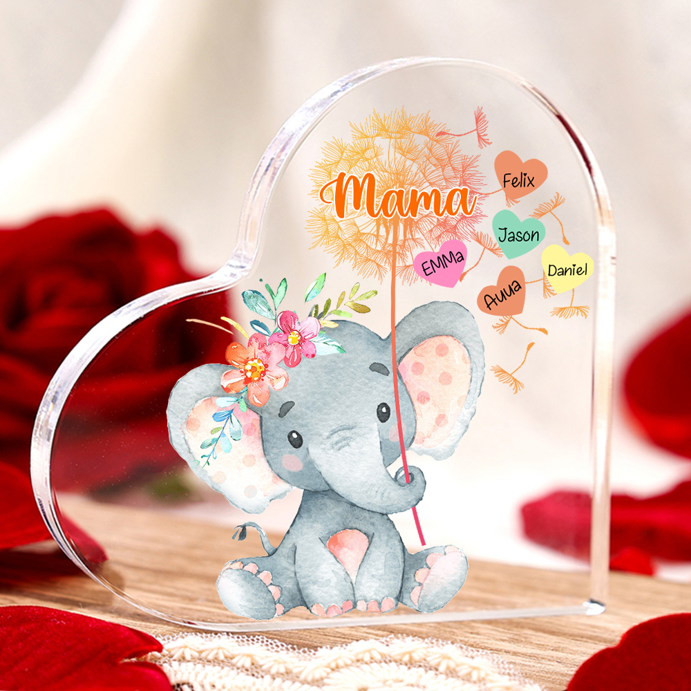 Personalisierte 5 Namen & Text Elefant Herz Familie Acryl-Deko Schreibtischdekoration für Mutter