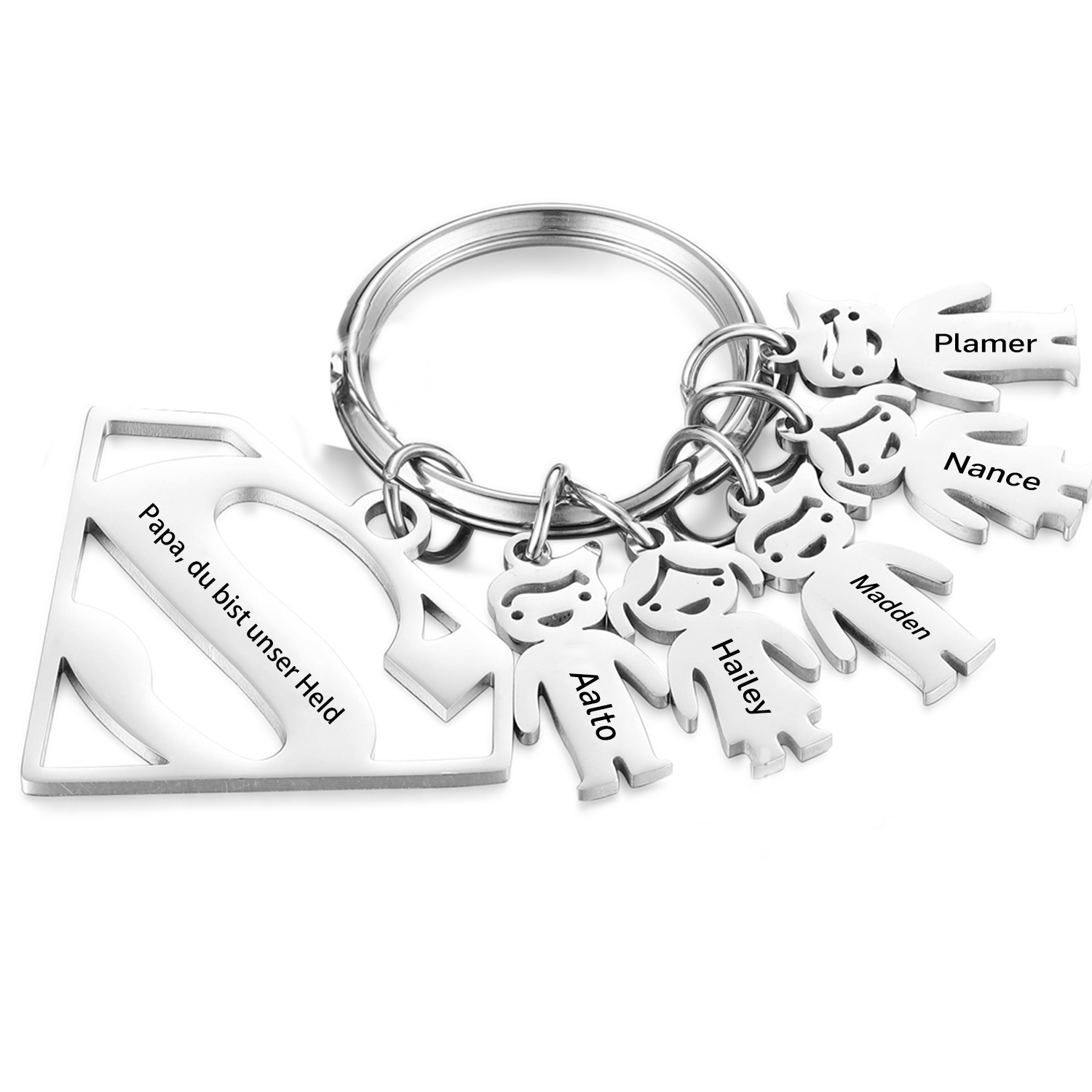 Personalisierbare 5 Namen & 1 Text Supermann Kindercharm Schlüsselanhänger-Geschenk für Vater