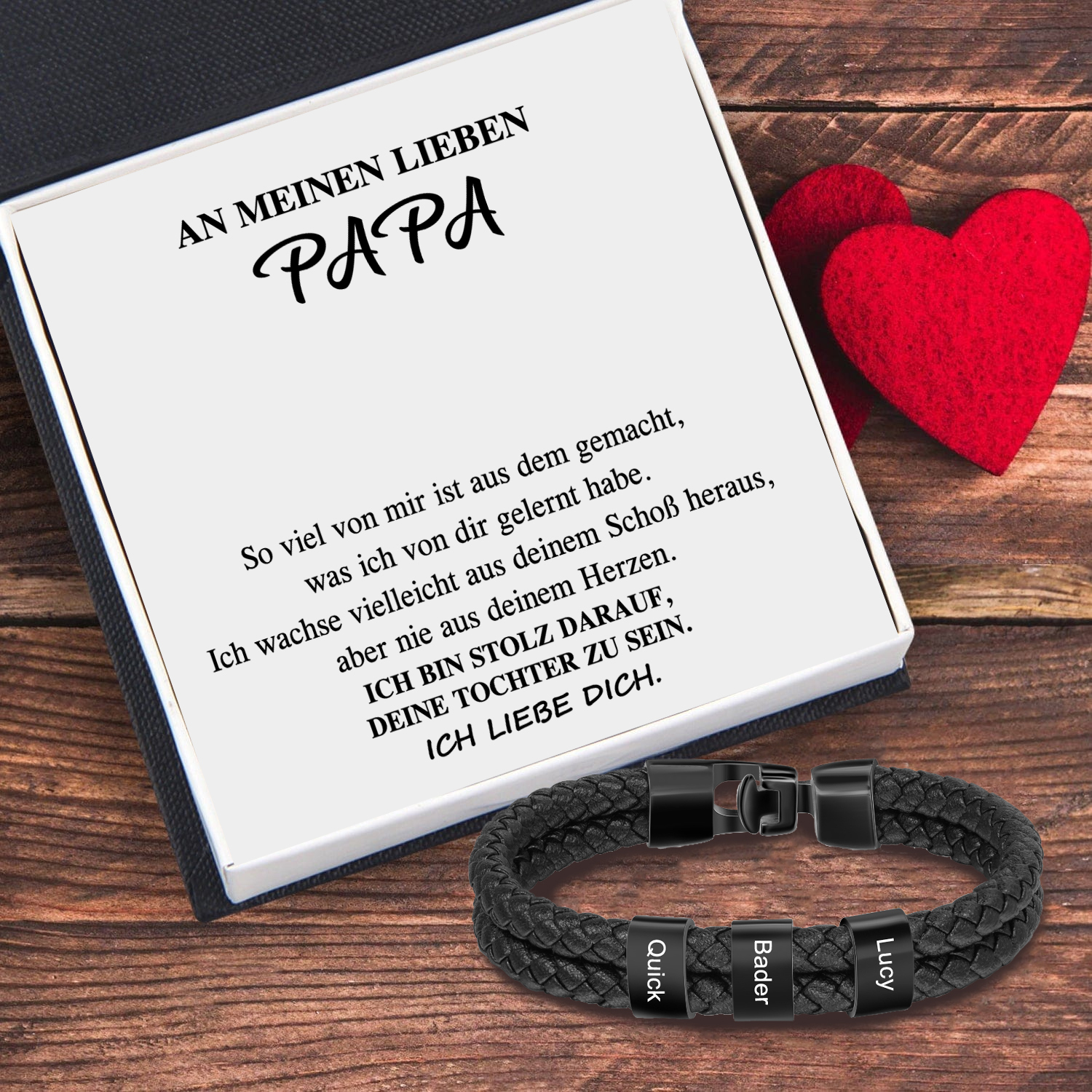 Personalisiertes 3 Namen Perlen Leder Armband-An Meinen Lieben Papa-Geschenk mit Nachrichtenkarte