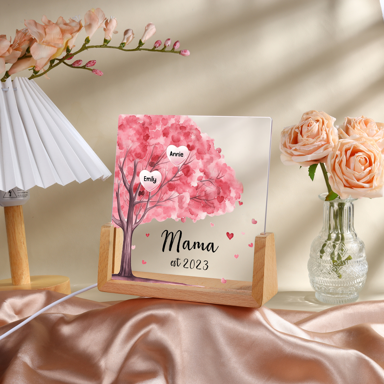 Personalisierte 2 Namen & Text & Datum Rosa Familienbaum Nachtlicht Geschenk für Großmutter/Mutter zum Muttertag