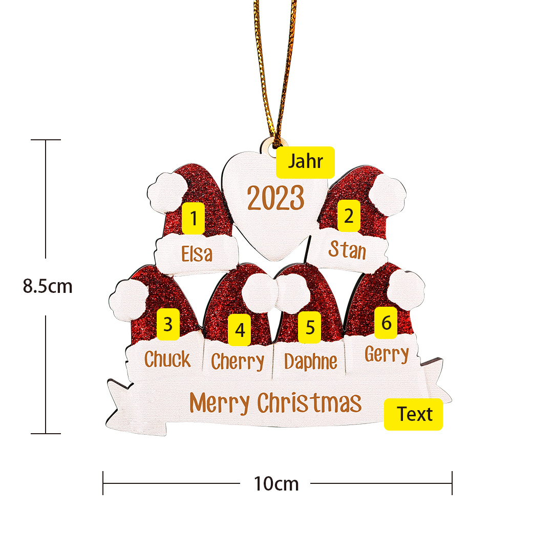Holz Personalisierte 6 Namen & Text & Jahr Weihnachtsmütze Weihnachtsornament Weihnachtsbaum Anhänger