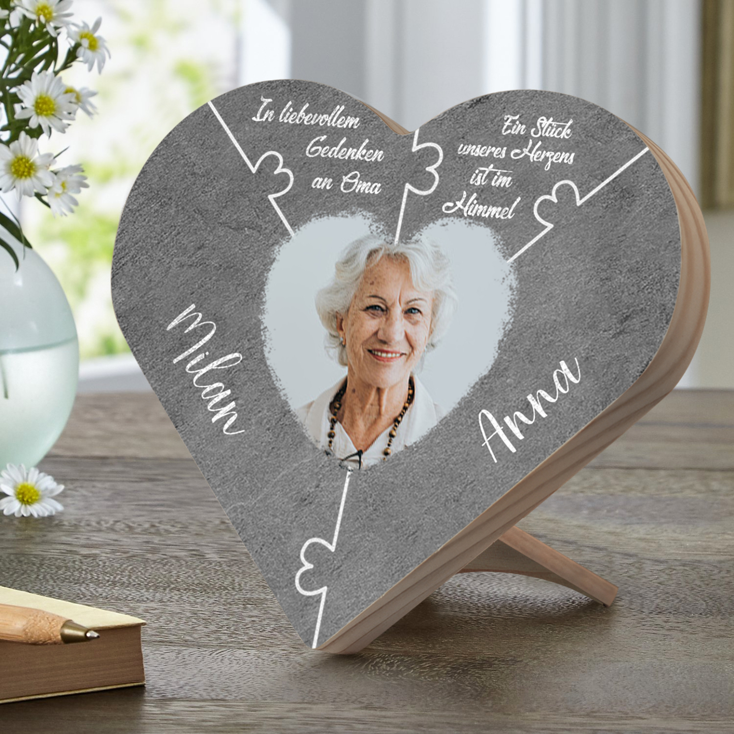 Personalisiertes Foto & 2 Namen Trauer Herzholz-Deko-In liebevollem Gedenken an Oma-Schreibtischdekoration Holz Ornament