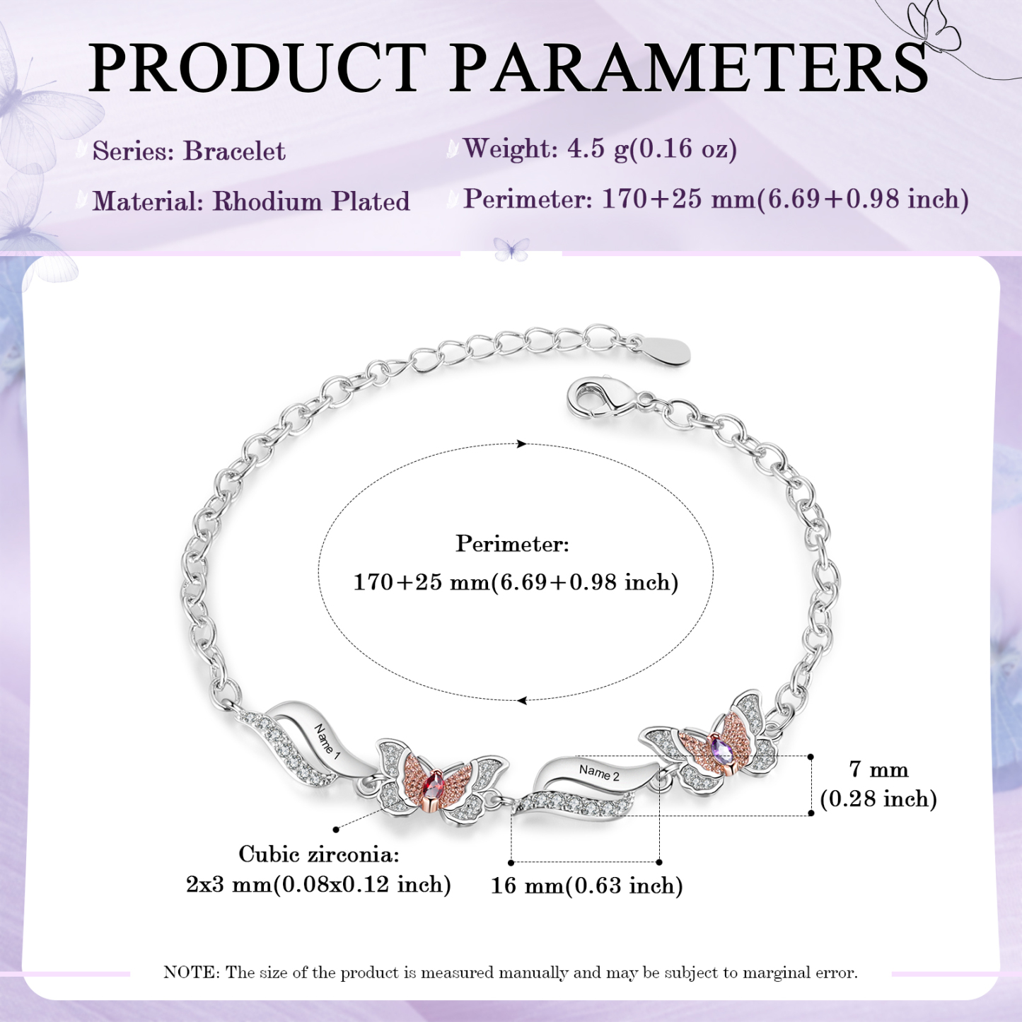 Personalisierte 2 Namen & 2 Geburtssteine Schmetterling Armband mit Zirkonia