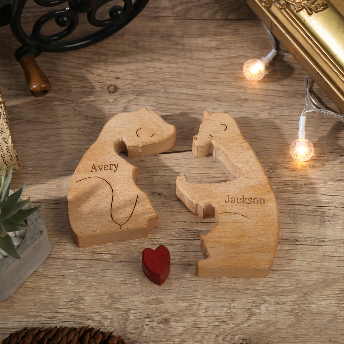 Holzskulptur-Personalisierte 2 Namen Bär Umarmung Paar Holz Deko für Pärchen