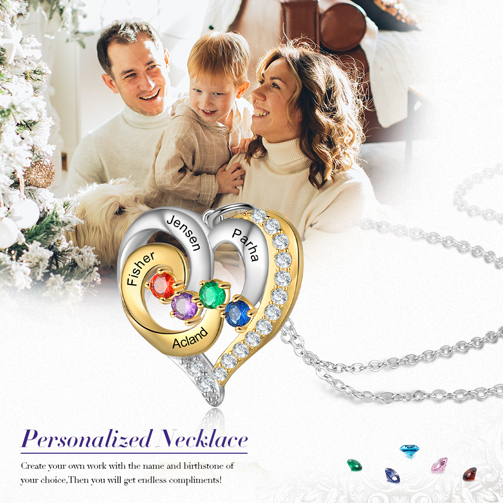S925 Silber Gravur 4 Namen Herz Halskette mit 4 Geburtssteinen