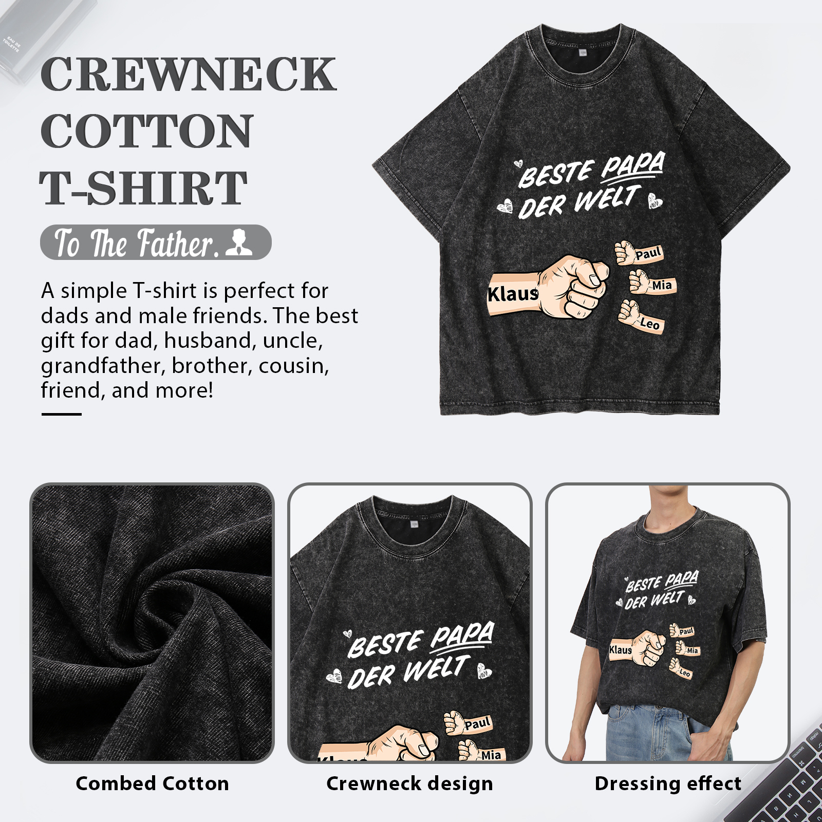 Personalisierte 1-6 Namen Fauststoß Bester Papa der Welt Herren Familie T-Shirt
