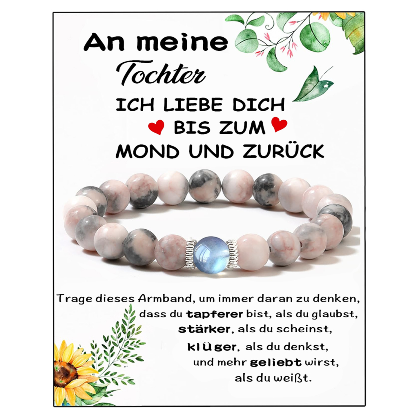 Steinperle Armbänder Set-An meine Tochter Ich liebe dich bis zum Mond und zurück-Geschenk mit Nachrichtenkarte