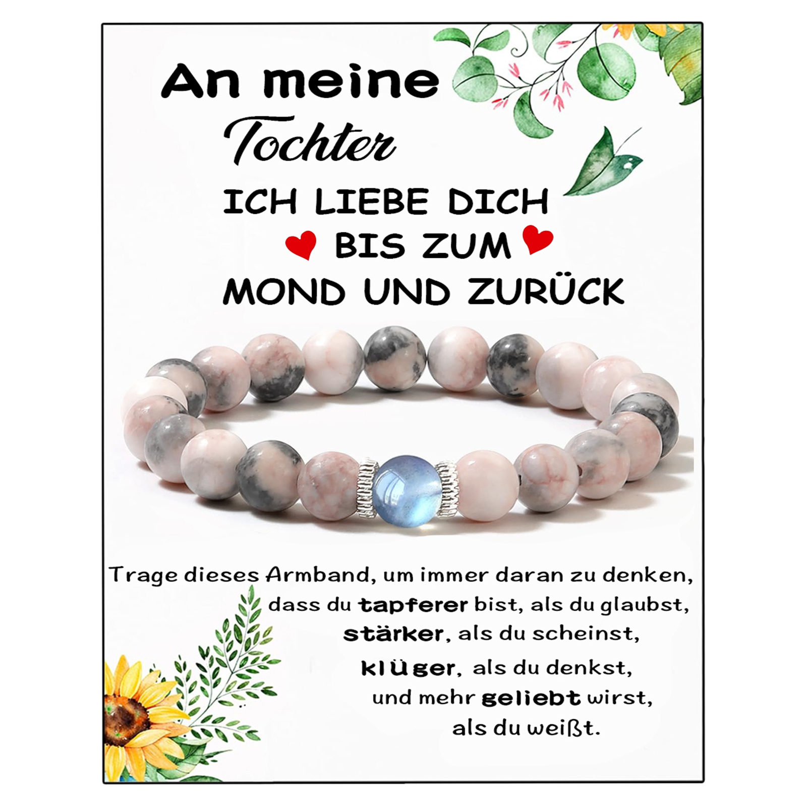 Steinperle Armbänder Set-An meine Tochter Ich liebe dich bis zum Mond und zurück-Geschenk mit Nachrichtenkarte