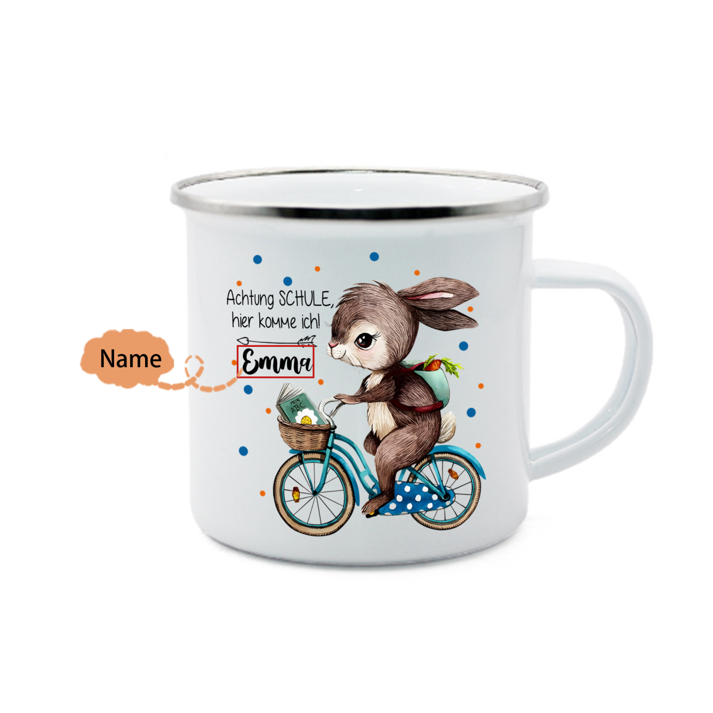 Emaille Tasse-Personalisierter Name Hase Emaille Becher Achtung Schule hier komme ich Schukind Geschenk zum Schulanfang