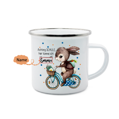 Emaille Tasse-Personalisierter Name Hase Emaille Becher Achtung Schule hier komme ich Schukind Geschenk zum Schulanfang