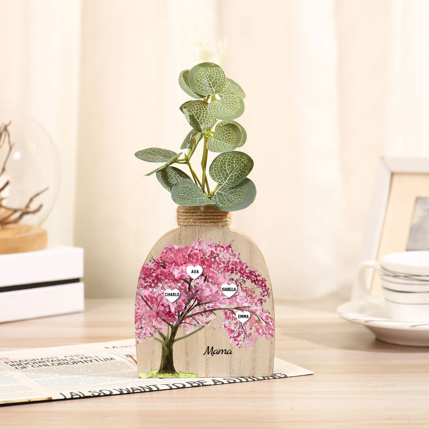 Holz Personalisierter 4 Namen & Text Familienbaum Famile Vase