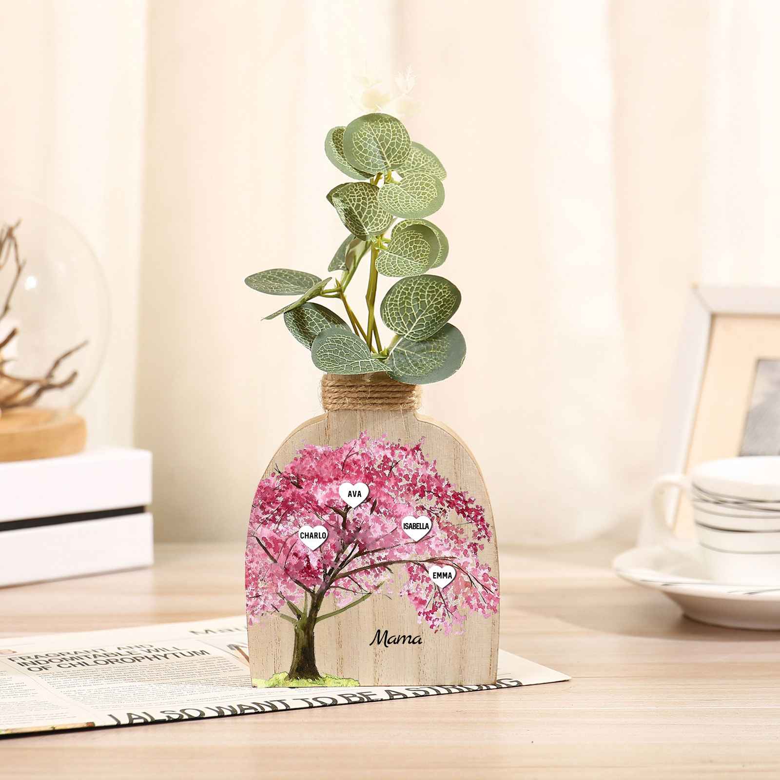 Holz Personalisierter 4 Namen & Text Familienbaum Famile Vase