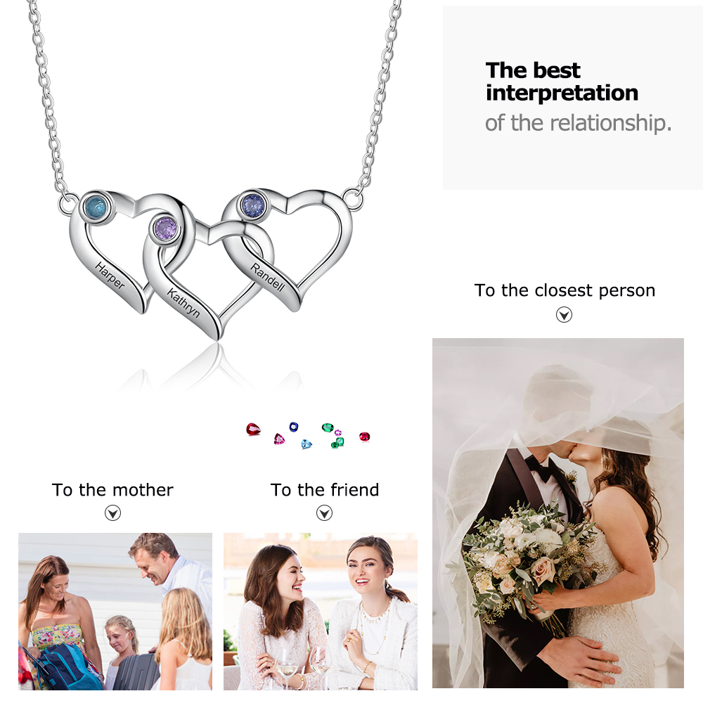 Personalisierte herzförmige Halskette, geschnitzt mit 3 Namen und 3 Geburtstagssteinen