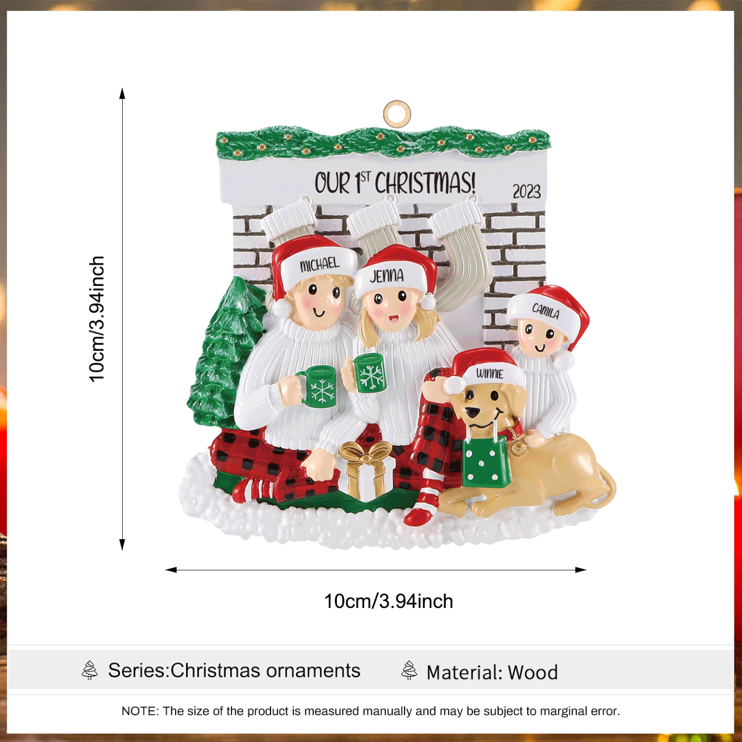 Holz Personalisierte 4 Namen & Jahr & Text Kamin Weihnachtsornament Weihnachtsbaum Anhänger mit 3 Familienmitgliedern und 1 Hund