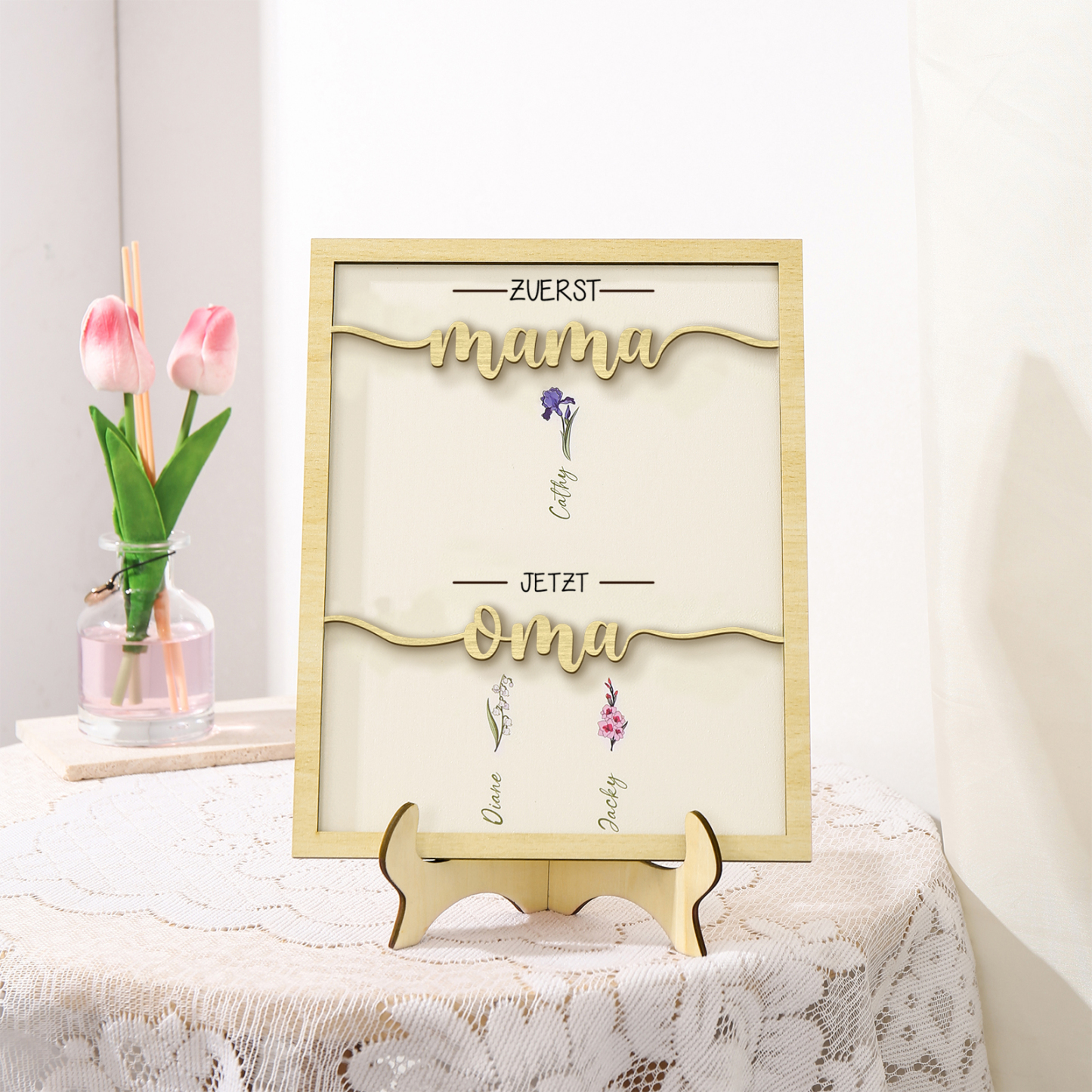 Holz Deko-Personalisierbare 3 Namen & Geburtsblume Ornament Zuerst Mama Jetzt Oma Holzdekoration für Mutter