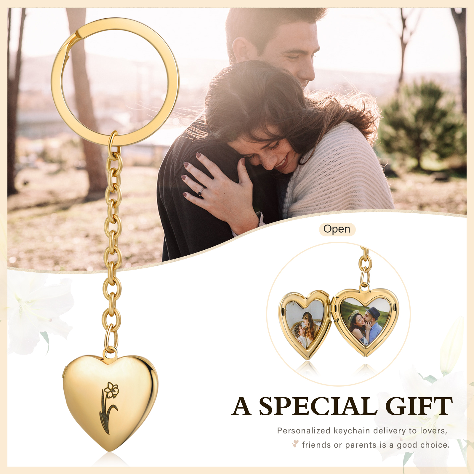 Personalisierte 2 Fotos & Geburtsblume Herz Schlüsselanhänger-Geburtsblume Serie 