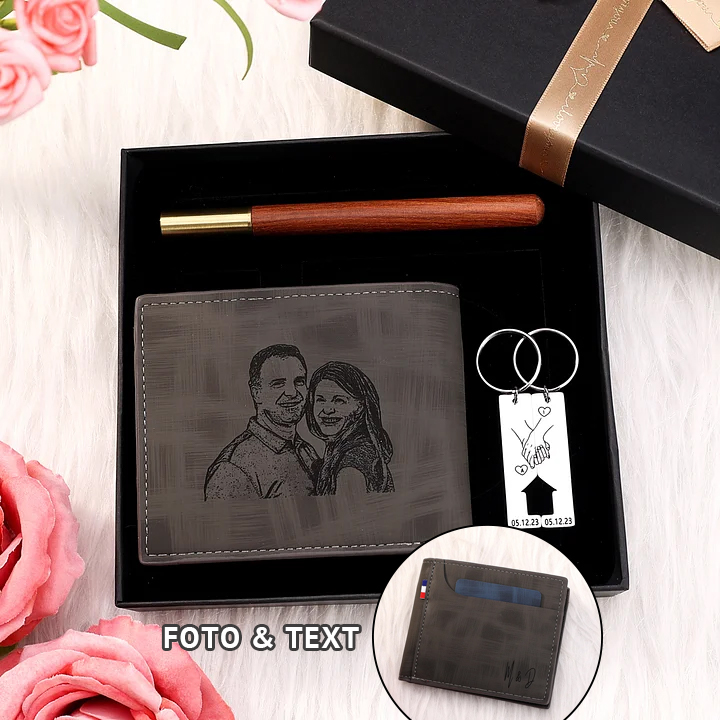 Personalisierte Foto & Text Geldbörse & Foto & 2 Buchstaben & Datum Schlüsselanhänger & Stift Geschenkpackung Geschenkset für Mann Freund