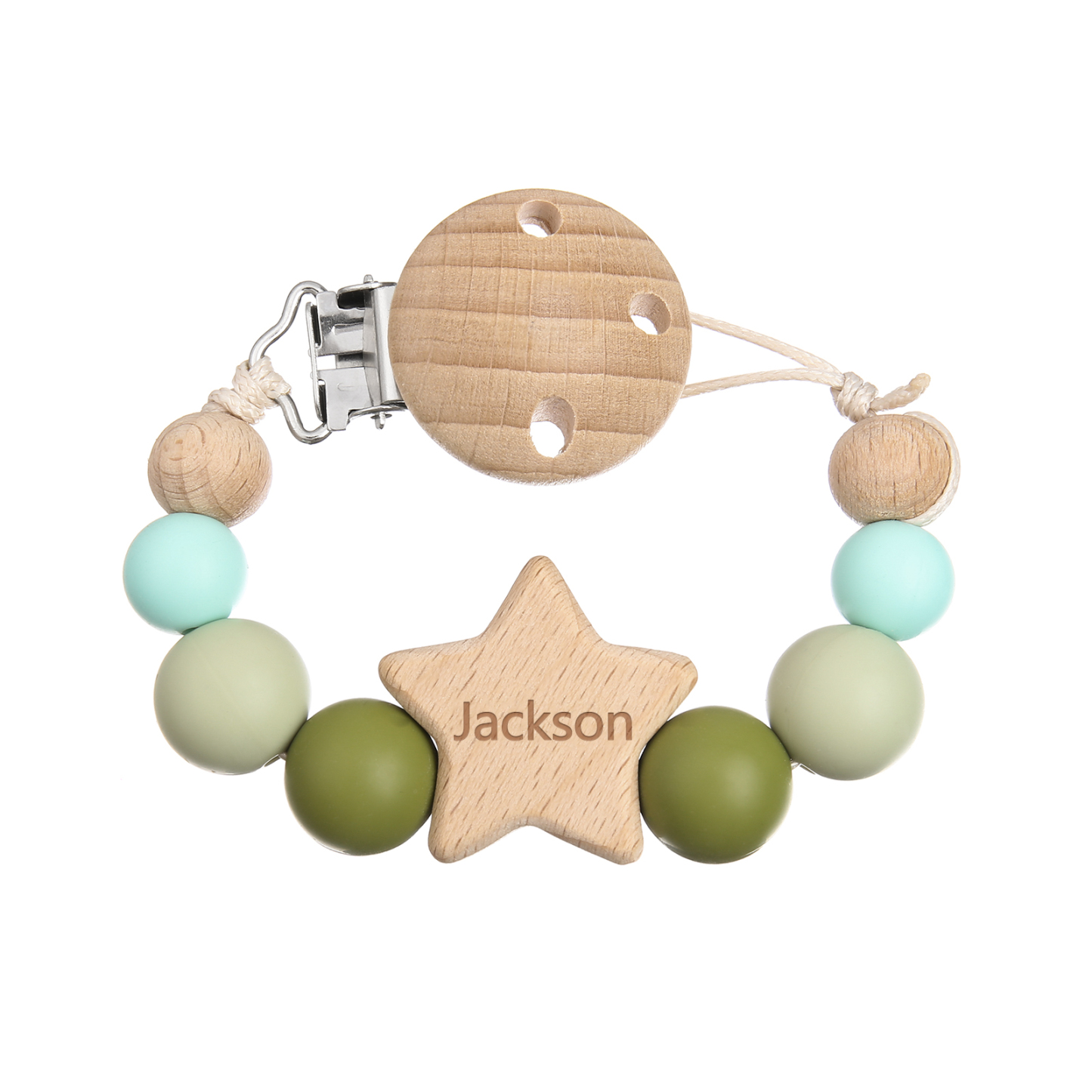 Personalisierter Name & Datum Stern Holz Schnullerkette für Babys