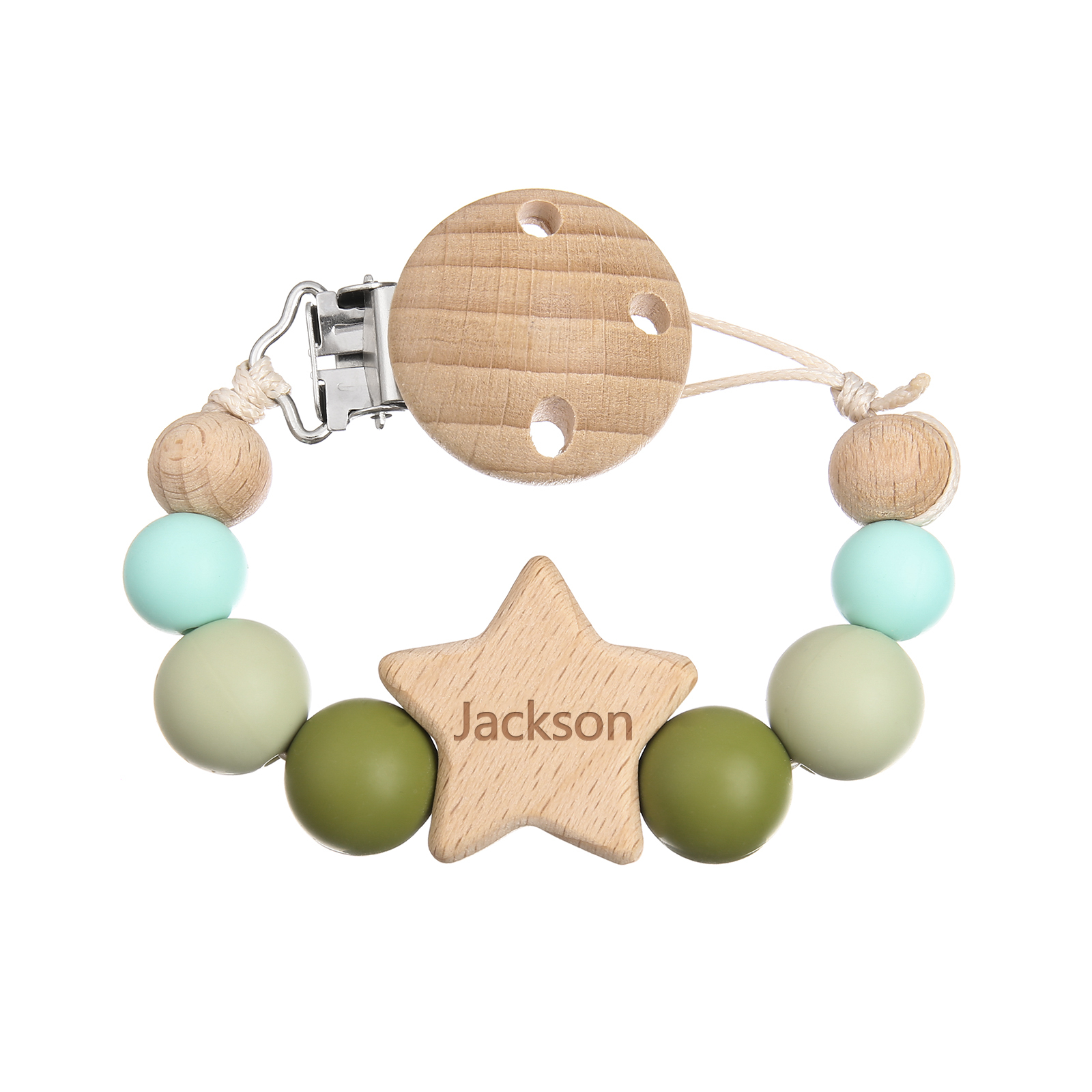 Personalisierter Name & Datum Stern Holz Schnullerkette für Babys