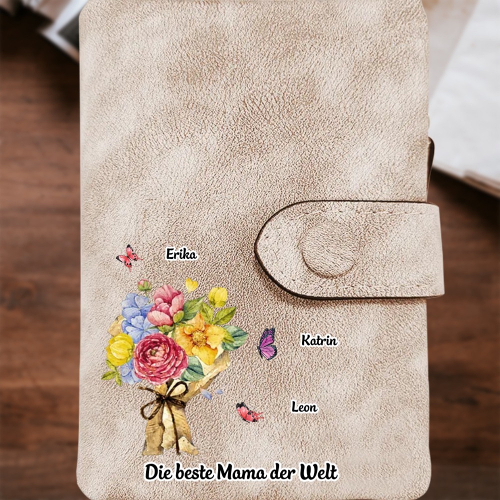 Damen Personalisierte 1-6 Namen & Text Blumen & Schmetterling PU Leder Geldbörse für Mama