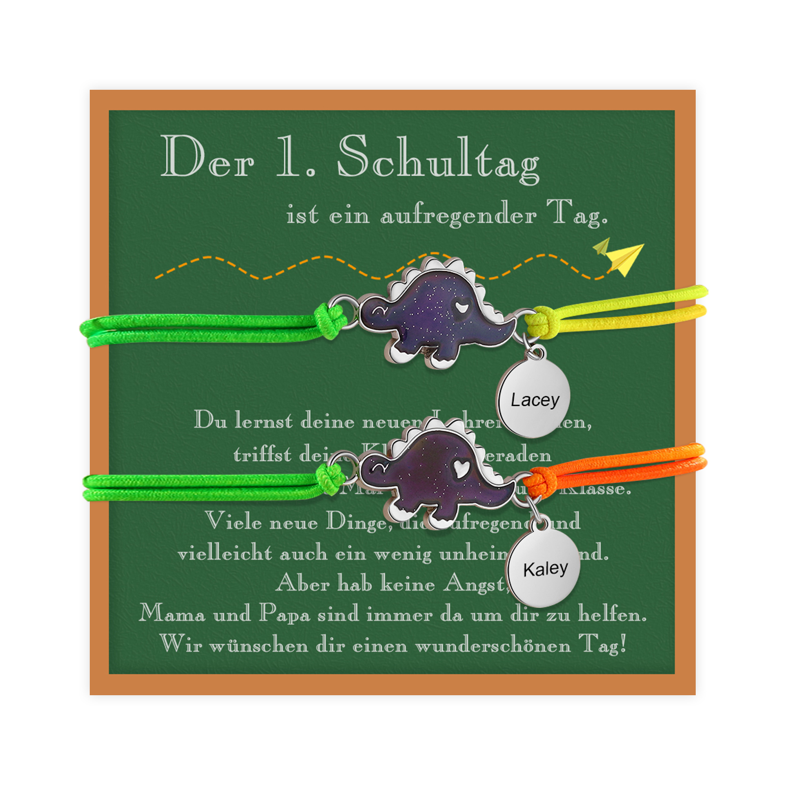 Personalisierte 2 Name Dino Armbänder Set mit 2 Ketten Gummiband - Der 1. Schultag ist ein aufregender Tag - Schulanfang Geschenk