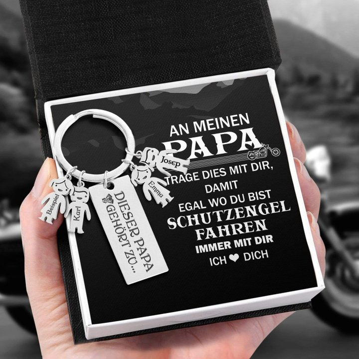 Personalisierter 4 Kinder Namen Schlüsselanhänger - Motorradfahrer - An Meinen Papa - Geschenkkarte Set