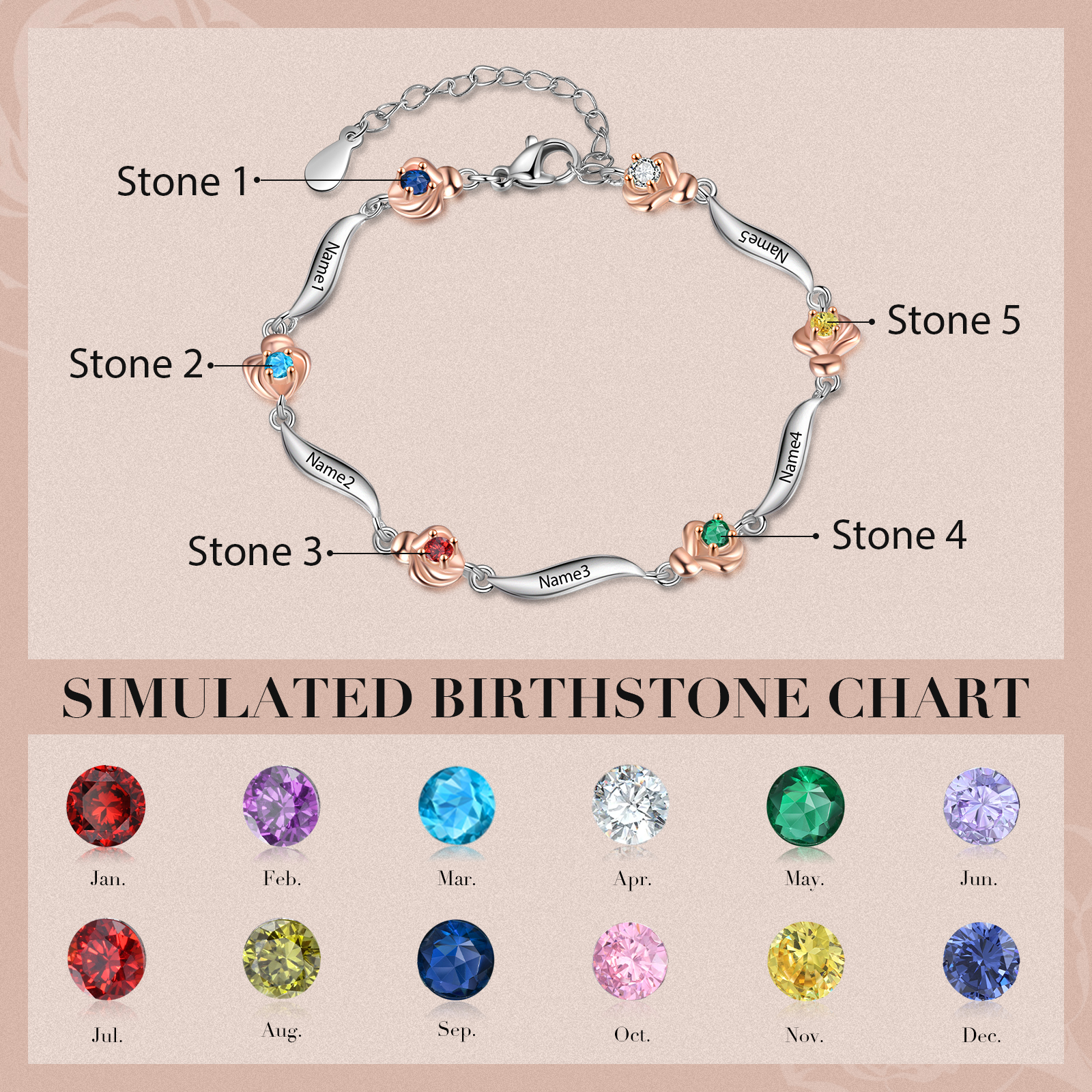 Personalisierte Rose Armband mit 5 Namen und 5 Geburtssteine Graviert