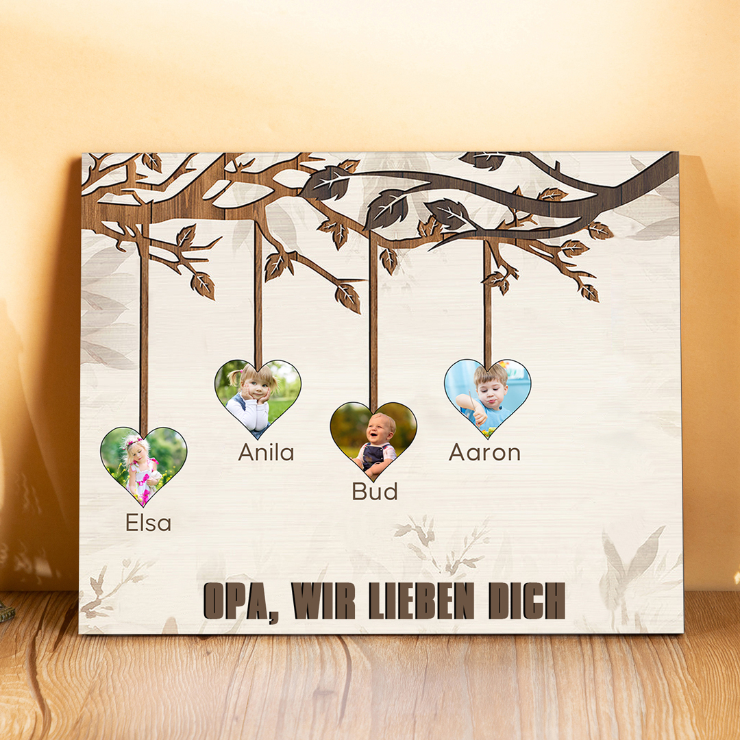 Familie Holzbild - Personalisierter Text & 4 Fotos Familienbaum Holzdekoration-Geschenk für Opa/Oma